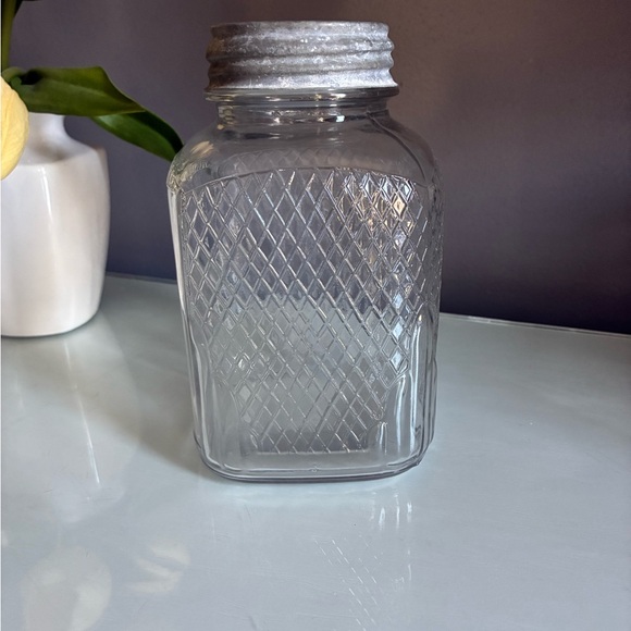 Vintage Other - Vintage Square Clear Hoosier Glass Diamond-Pattern Glass Jar & Silver Zinc Lid